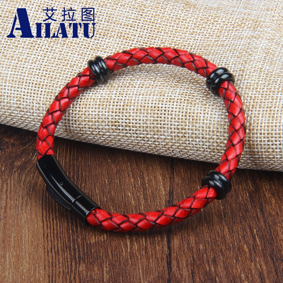 Ailatu Genuine Leather Bracelet Stainless Steel Ma..